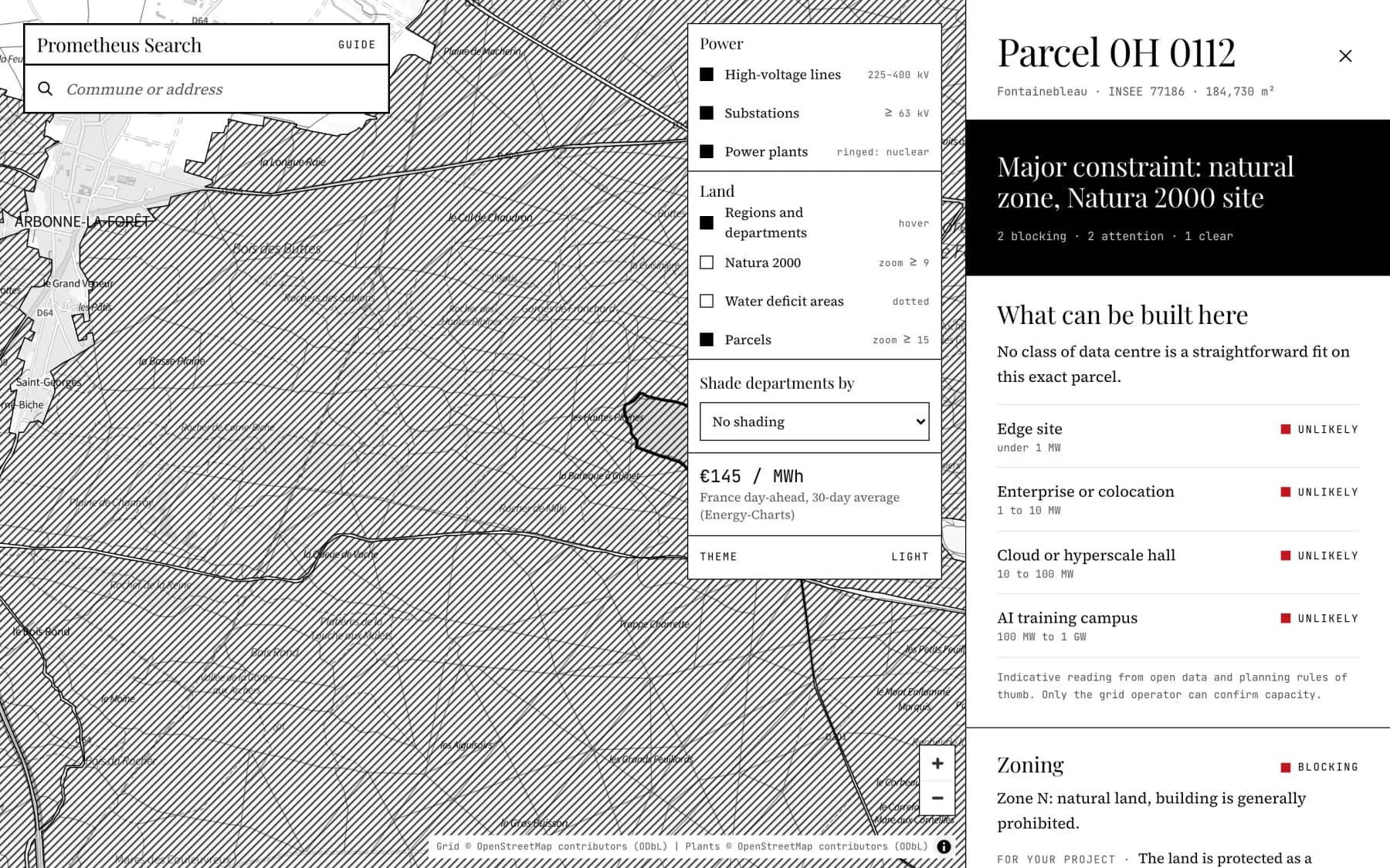 Prometheus Search on a forest parcel near Fontainebleau: the protected Natura 2000 area is hatched and the site sheet reports a major constraint: natural zone and Natura 2000 site.