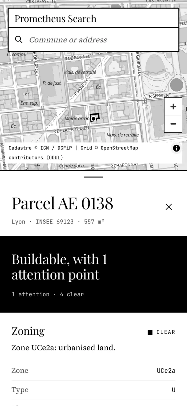 The same tool on a phone: a parcel in Lyon Part-Dieu with its verdict.